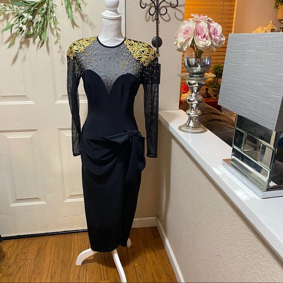 Vintage 80’s Caché Gold Embellished SheerArm Dress - Picture 5 of 13